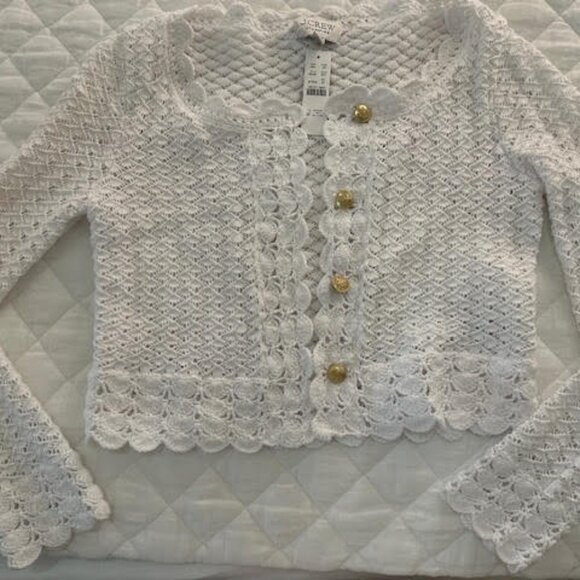JCrew Crochet Cropped Sweater White NWT XS Scalloped Neck - Picture 1 of 3